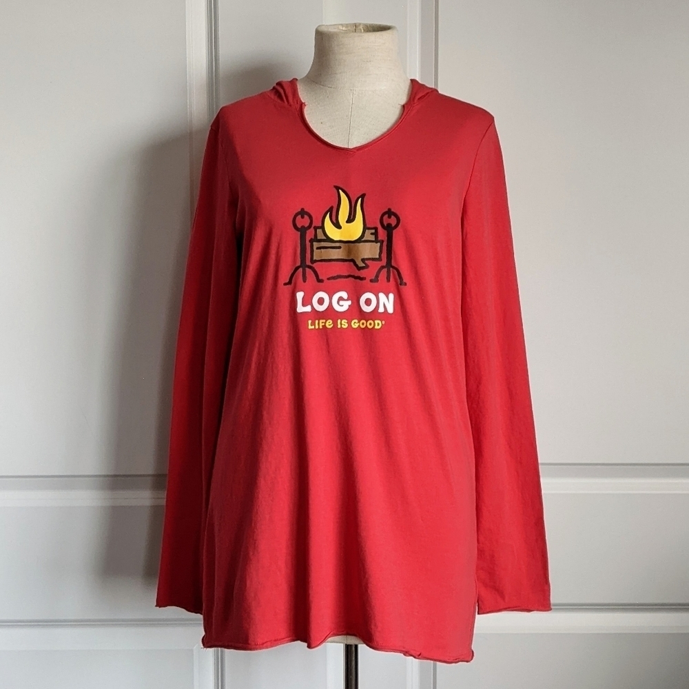 Life Is Good Top Hooded Fireplace Print Long Sleeve V-Neck 100% Cotton Red M NWT